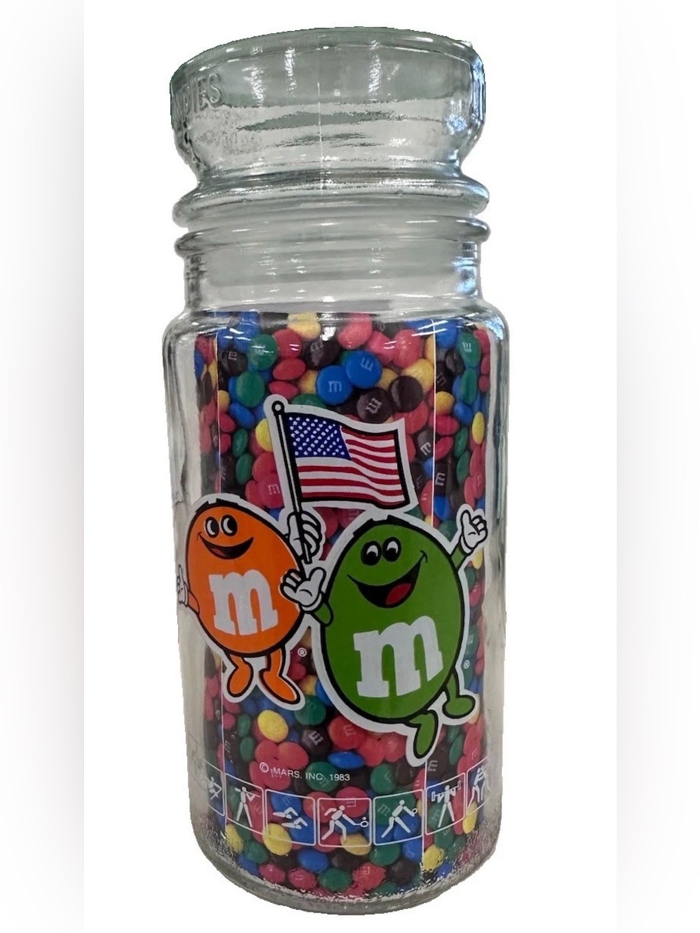 Vintage M&M's Mars 1984 Los Angeles LA Olympic Games Glass Candy Jar 7.75" w Lid